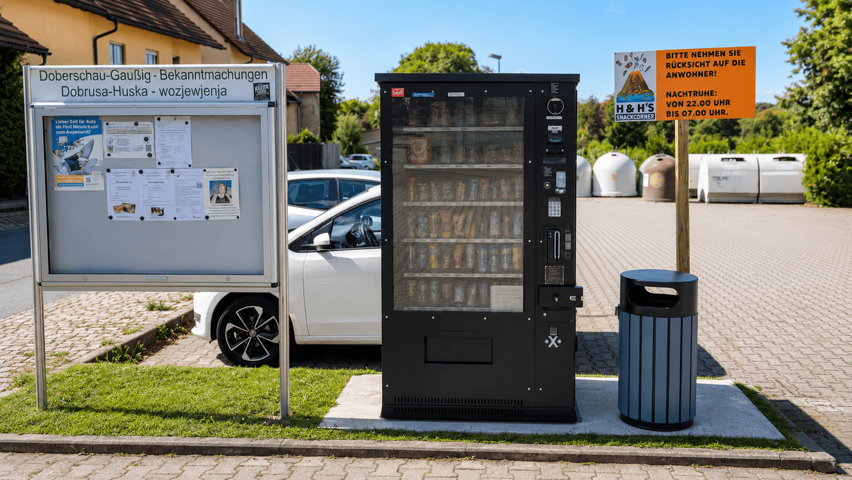 Der H&H's Snackomat in Doberschau-Gaußig, mit Mülleimer und Nachtruhe-Hinweisschild daneben