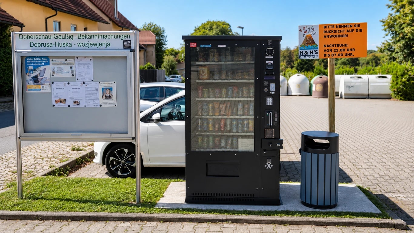 Der H&H's Snackomat in Doberschau-Gaußig, mit Mülleimer und Nachtruhe-Hinweisschild daneben
