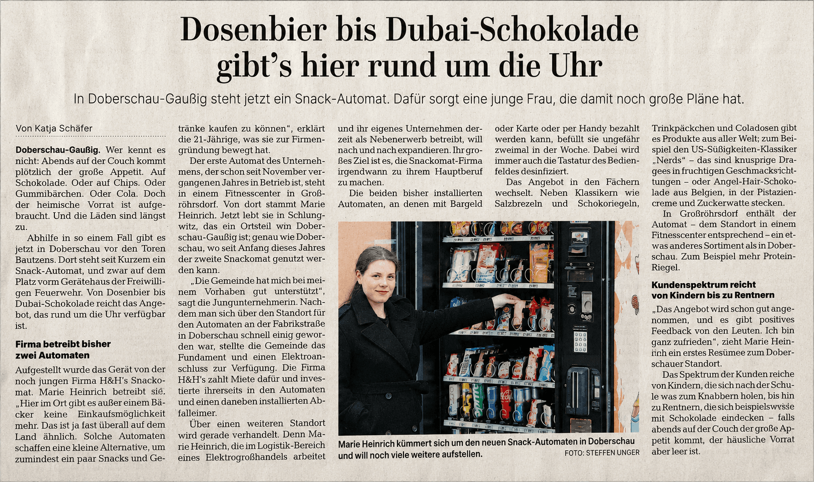 Artikel der Sächsischen Zeitung über H&H's Snackomat in Doberschau-Gaußig, Frühjahr 2025
