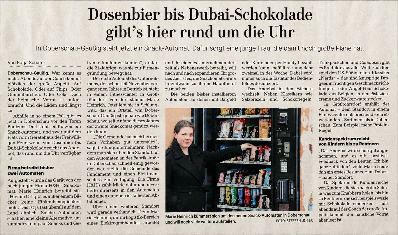 Artikel der Sächsischen Zeitung über H&H's Snackomat in Doberschau-Gaußig, Frühjahr 2025